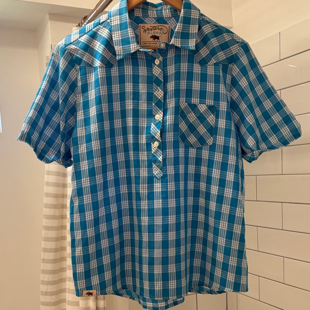 Western Aloha Turquoise Palaka Women's Blouse size L🔵⚪️
